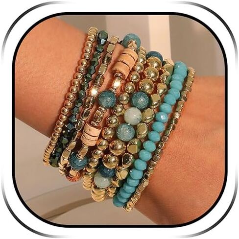Bohemian Stackable Beaded Bracelets for Women Wood Crystal Resin Bracelet Set Handmade Stretch Layered Bracelets Boho Beach Fashion Jewelry Gift in Kuwait