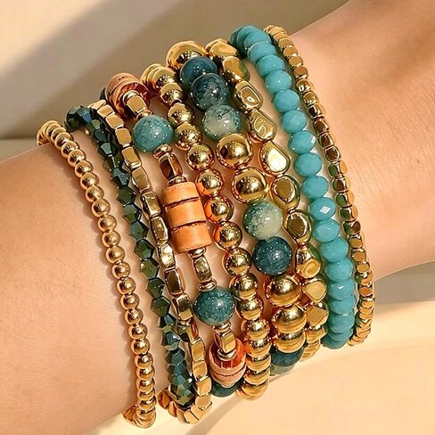 Bohemian Stackable Beaded Bracelets for Women Wood Crystal Resin Bracelet Set Handmade Stretch Layered Bracelets Boho Beach Fashion Jewelry Gift in Kuwait