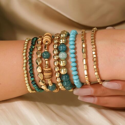 Bohemian Stackable Beaded Bracelets for Women Wood Crystal Resin Bracelet Set Handmade Stretch Layered Bracelets Boho Beach Fashion Jewelry Gift in Kuwait
