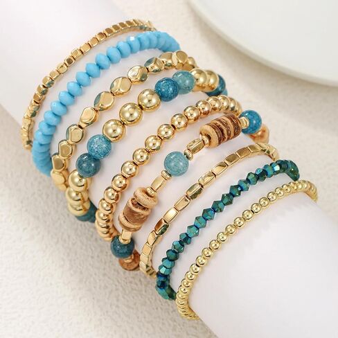 Bohemian Stackable Beaded Bracelets for Women Wood Crystal Resin Bracelet Set Handmade Stretch Layered Bracelets Boho Beach Fashion Jewelry Gift in Saudi Arabia