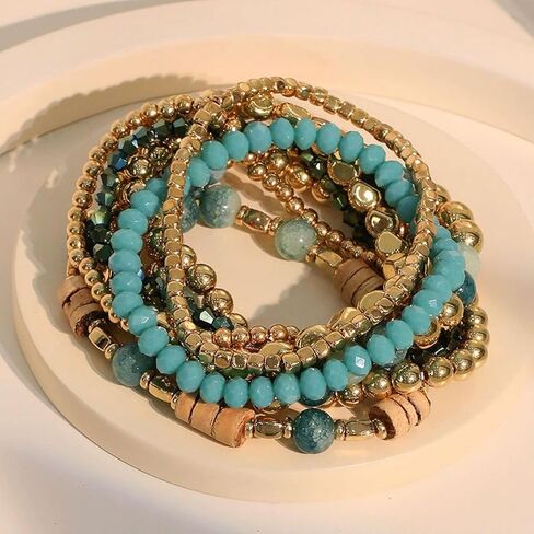 Bohemian Stackable Beaded Bracelets for Women Wood Crystal Resin Bracelet Set Handmade Stretch Layered Bracelets Boho Beach Fashion Jewelry Gift in Kuwait