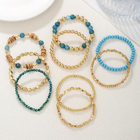 Bohemian Stackable Beaded Bracelets for Women Wood Crystal Resin Bracelet Set Handmade Stretch Layered Bracelets Boho Beach Fashion Jewelry Gift in Saudi Arabia