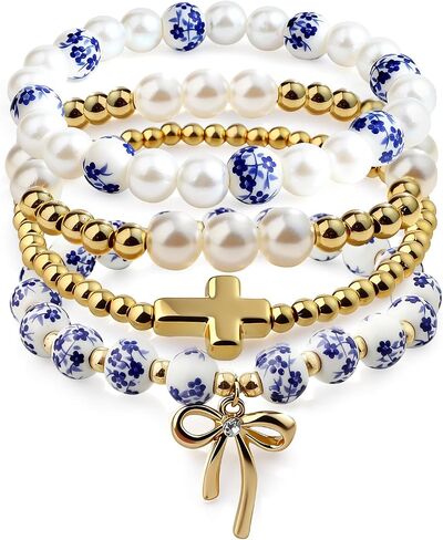 BATHRINS 4 Pcs Stackable Stretch Beaded Bracelets for Women Cross Bow Pearl Bracelet Trendy Vintage Jewelry in Saudi Arabia