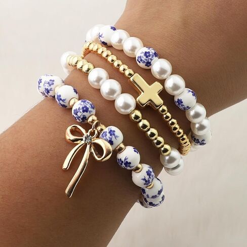 BATHRINS 4 Pcs Stackable Stretch Beaded Bracelets for Women Cross Bow Pearl Bracelet Trendy Vintage Jewelry in Saudi Arabia