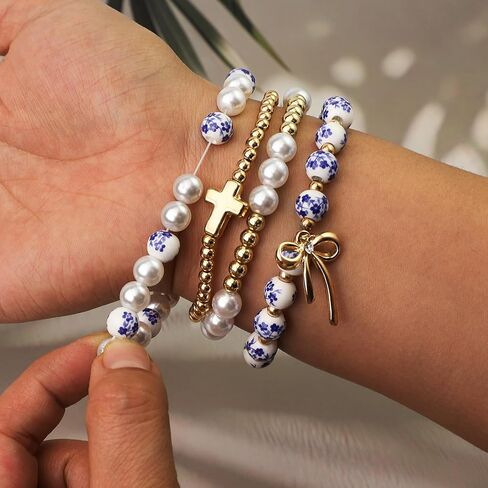 BATHRINS 4 Pcs Stackable Stretch Beaded Bracelets for Women Cross Bow Pearl Bracelet Trendy Vintage Jewelry in Saudi Arabia