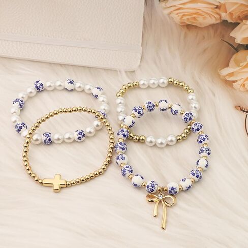 BATHRINS 4 Pcs Stackable Stretch Beaded Bracelets for Women Cross Bow Pearl Bracelet Trendy Vintage Jewelry in Saudi Arabia