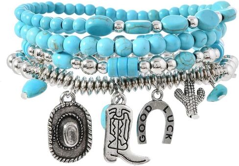 Caiyao Boho Western Cowboy Turquoise Beaded Stackable Bracelets Retro Multilayer Cowgirl Hat Boot Bull Head Cactus Horseshoe Stretch Bracelet for Women Men Country Concert Dress Outfits Rodeo Jewelry in Kuwait