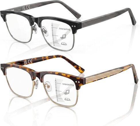 DEHOTRE 2 Pack Progressive Multifocus Reading Glasses Men Acetate Half Frame Readers with Metal Core Wire Adjustable Nose Pad in Saudi Arabia