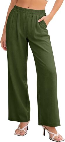 Kissonic Cotton Linen Palazzo Pants Elastic Waist Summer Beach Vacation Wide Leg Trousers with Pockets in Saudi Arabia