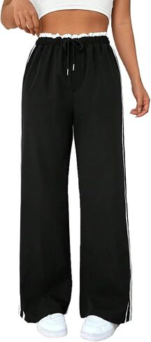 Linsennia Women's Y2K Side Stripe Wide Leg Pants - High Waist Drawstring Casual Track Pants for Daily & Streetwear in Saudi Arabia