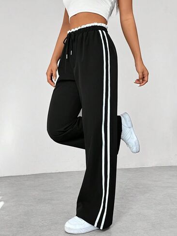 Linsennia Women's Y2K Side Stripe Wide Leg Pants - High Waist Drawstring Casual Track Pants for Daily & Streetwear in Saudi Arabia
