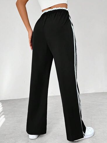 Linsennia Women's Y2K Side Stripe Wide Leg Pants - High Waist Drawstring Casual Track Pants for Daily & Streetwear in Saudi Arabia
