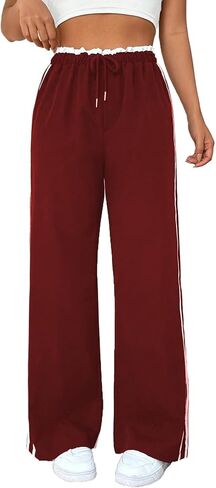 Linsennia Women's Y2K Side Stripe Wide Leg Pants - High Waist Drawstring Casual Track Pants for Daily & Streetwear in Saudi Arabia