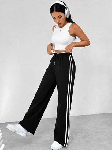 Linsennia Women's Y2K Side Stripe Wide Leg Pants - High Waist Drawstring Casual Track Pants for Daily & Streetwear in Saudi Arabia