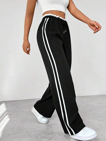Linsennia Women's Y2K Side Stripe Wide Leg Pants - High Waist Drawstring Casual Track Pants for Daily & Streetwear in Saudi Arabia
