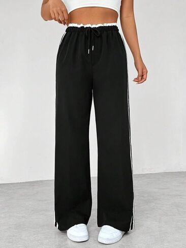 Linsennia Women's Y2K Side Stripe Wide Leg Pants - High Waist Drawstring Casual Track Pants for Daily & Streetwear in Saudi Arabia