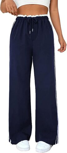 Linsennia Women's Y2K Side Stripe Wide Leg Pants - High Waist Drawstring Casual Track Pants for Daily & Streetwear in Saudi Arabia
