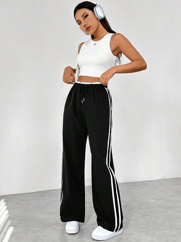 Linsennia Women's Y2K Side Stripe Wide Leg Pants - High Waist Drawstring Casual Track Pants for Daily & Streetwear in Saudi Arabia