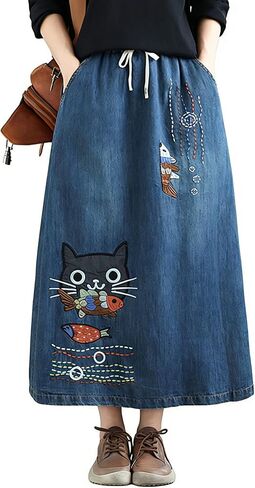 Women's Cute Cat Embroidery Denim Midi Skirt Vintage Loose Fit Elastic Waist A-Line Jean Skirt with Pockets in Saudi Arabia