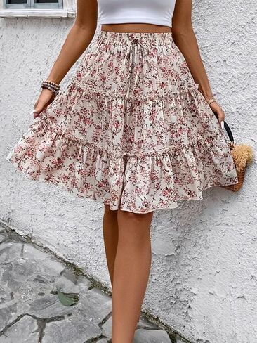 Women's High Waisted Floral Skirt, Boho Ruffle Tiered A-Line Short Skirt, Cute Summer Flowy Beach Swing Skirts in Kuwait