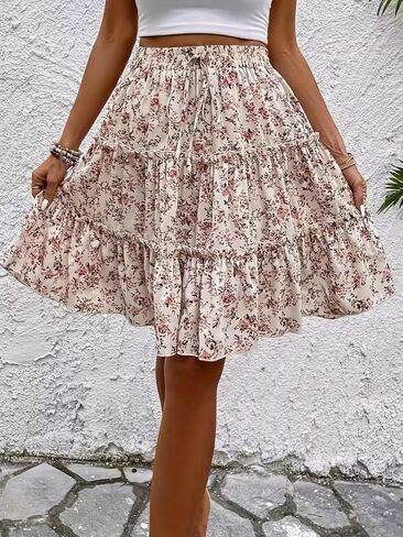 Women's High Waisted Floral Skirt, Boho Ruffle Tiered A-Line Short Skirt, Cute Summer Flowy Beach Swing Skirts in Kuwait