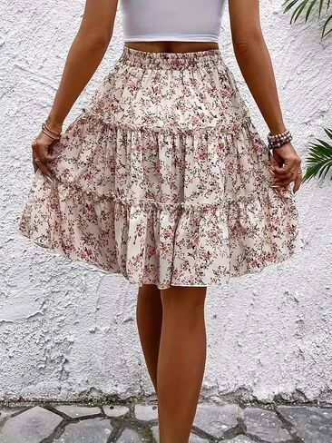 Women's High Waisted Floral Skirt, Boho Ruffle Tiered A-Line Short Skirt, Cute Summer Flowy Beach Swing Skirts in Kuwait