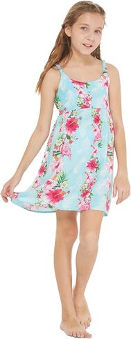 Girl Hawaiian Classic Empire Dress with Elastic Strap in Pink White Hibiscus Vine in Kuwait