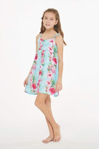 Girl Hawaiian Classic Empire Dress with Elastic Strap in Pink White Hibiscus Vine in Kuwait