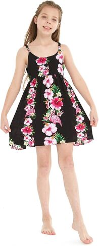 Girl Hawaiian Classic Empire Dress with Elastic Strap in Pink White Hibiscus Vine in Kuwait
