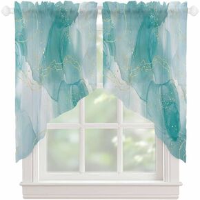 Teal Marble Swag Valances for Windows Golden Lines Modern Semi Sheer Valance Curtains Abstract Teal Ombre Voile Swags Topper Curtain for Kitchen Living Room Bedroom, 2 Panels, 36x45 Inch in Saudi Arabia