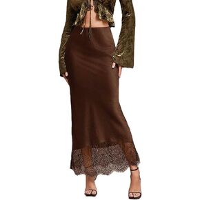 LOFAAC Women Sexy Satin Lace Patchwork Midi Skirt Tight Fitted Elegant Low Waist Silky Flowy A Line Maxi Skirts in Saudi Arabia