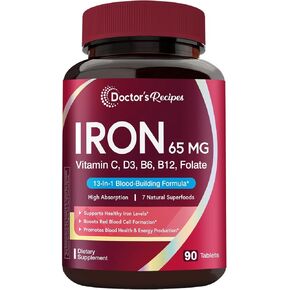 Doctor's Recipes Iron Supplement for Women & Men, Iron 65 mg with Vitamin C, D3, B6, B12, Folate, Beet Root, Pumpkin Seeds, for Energy & Red Blood Cell Support, 90 Tablets in Saudi Arabia