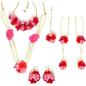 Floral Pearl Bridal Jewelry Set with Necklace, Maang Tikka, Earrings, Bangles, Ring, Pink & Red in Saudi Arabia