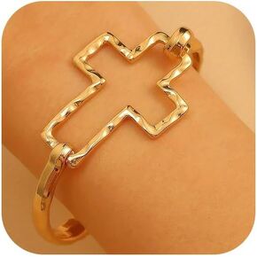 Large Gold Cross Bangle Bracelet for Women Chunky Bold Silver Wide Crucifix Hammered Bangles Thick Adjustable Statement Bracelets Religious Jewelry Gifts in Saudi Arabia