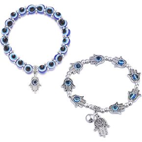 2-Pack Turkish Evil Eye Bracelet Bangle Set with Hamsa Hand Charm, Imitation of Green turquoise, Adjustable Stretch Bracelets, Natural tiger eye stone in Saudi Arabia