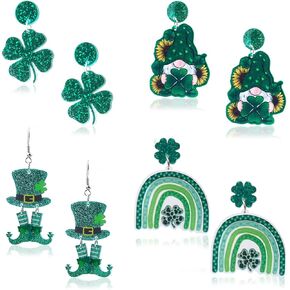 4 Pairs St. Patrick's Day Earrings Shamrock Dangle Accessories Irish Acrylic Green Clover for Women Good Luck Irish Holiday Jewelry Gift in Kuwait