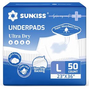 SUNKISS Disposable Underpads 23" x 36", Super Absorbent Incontinence Bed Pads with Non-Slip Backing, Extra Large Chux Pads for Adults, Kids, Elderly, and Pets, 50 Count in Saudi Arabia