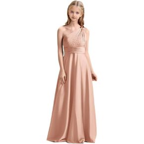 Girls One Shoulder Satin Junior Bridesmaid Dress A-line Floor Length Pageant Party Wedding Flower Girl Dresses in Kuwait
