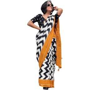 ساري نسائي من القطن الخالص الناعم مطبوع عليه Ikat - تصميم متعرج باللونين الأبيض والأسود مع حدود الخردل | الساري الهندي المطبوع مع قطعة بلوزة in Kuwait