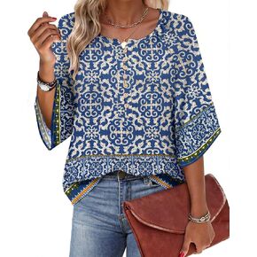 LYHIPSS Womens Summer Boho Tops 3/4 Sleeve Button Down V Neck Floral Print Shirt Flowy Vacation Clothes in Kuwait