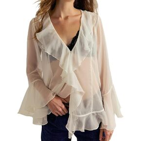Women Ruffle Sheer Shirt Blouse Bell Sleeve Frill Top Sexy See Through Mesh Shirt Boho Chiffon Tunic Shirts Fairy in Saudi Arabia