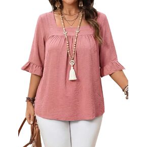 Bulotus Womens Plus Size Tops Square Neck Blouse Boho Top Chiffon 3/4 Sleeve Ruffle Shirt Cute Tunic 2026 Spring Summer in Saudi Arabia