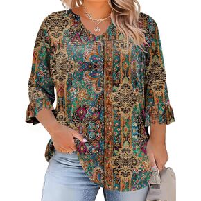 TFSDOD Plus Size Tops for Women V Neck 3/4 Sleeve Pleated Blouses Dressy Casual Fashion Tunic Top (1X-5X) in Saudi Arabia