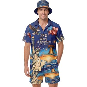 Men's 4th of July Hawaiian Shirt Set, Patriotic Shirt Shorts Outfit with Bucket Hat for BBQ Party Parade in Saudi Arabia
