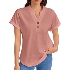 Women's Cotton Linen Button Down Blouse Short Sleeve V Neck Loose Fit Breathable Casual in Saudi Arabia