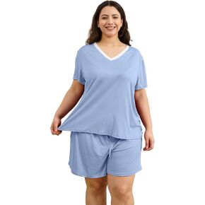Plus Size Women Pajama Sets Summer Short Sleeve with Shorts Sleepwear Sexy V Neck Loungewear with Pockets Sets in Saudi Arabia