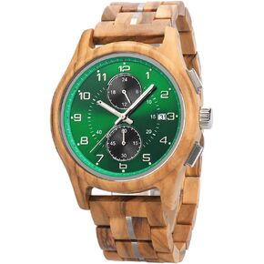 Mens Wooden Watch with Chronograph Quartz Movement Luminous Hands Date Display Running Second Sub Dial Custom Engraved Back and Wood Gift Box Analog Wood Wristwatch for Anniversary Birthday Xmas in Saudi Arabia