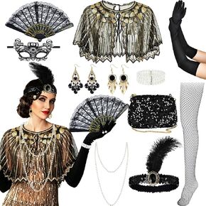12 Pcs 1920s Flapper Accessories for Women Roaring 20s Headpiece Shawl Necklace Earring Bag for 1920s Masquerade Party Costume Accessories in Kuwait
