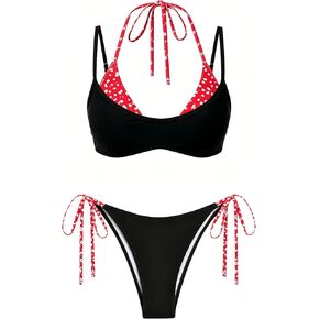 ZAFUL Women's Polka Dot Bikini Set Double Layer Halter Swimsuit Colorblock Side Tie 2 Piece Bathing Suit in Kuwait
