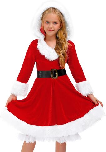 BesserBay Girls Christmas Mrs. Santa Claus Costume Red Velvet Hoodie Dress with Belt 4-14 Years in Saudi Arabia